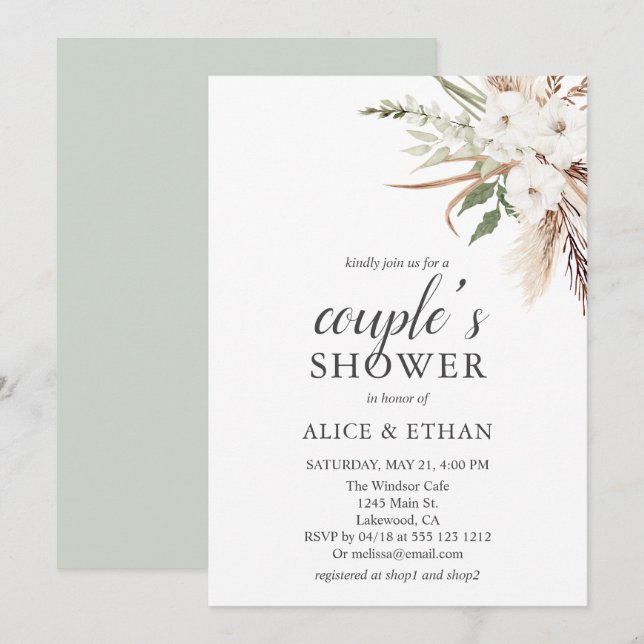 Boho Greenery Pampa Grass Couple Shower Invitation (Front/Back)