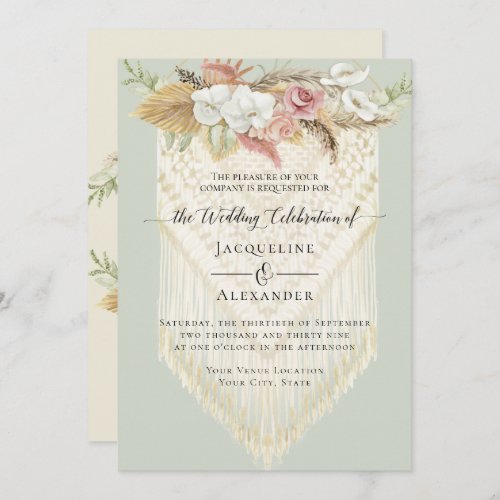 BOHO Greenery Pink Floral Pampas Mint Wedding Invitation