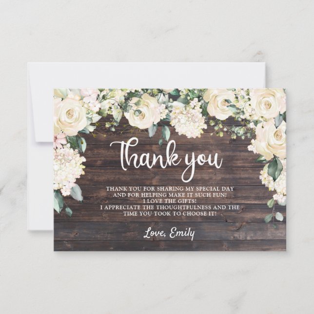 Boho greenery rustic wood white floral roses thank you card (Front)