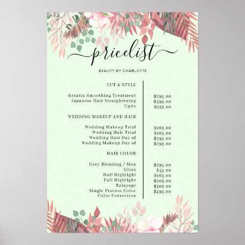 Boho Greenery Salon Price List Poster