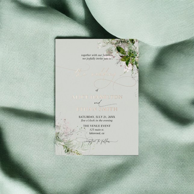 Boho Greenery Script Wedding Foil Invitation (Creator Uploaded)