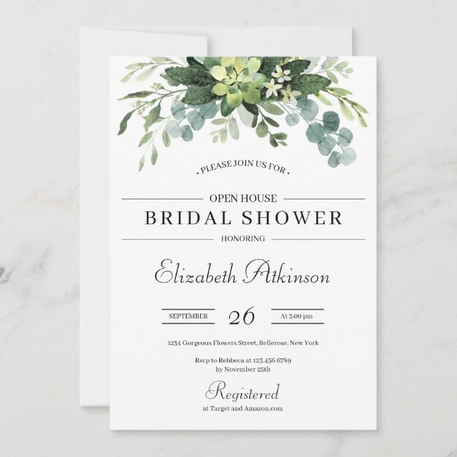 Boho greenery succulent floral eucalyptus bridal i invitation (Front)
