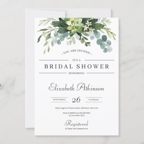 Boho greenery succulent floral eucalyptus bridal invitation