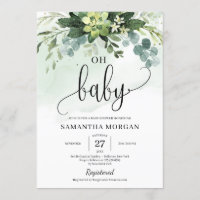 Boho greenery succulent foliage floral oh baby invitation