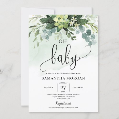 Boho greenery succulent foliage floral oh baby invitation