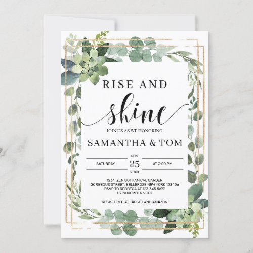 Boho greenery succulent foliage rise and shine invitation