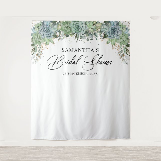 Boho greenery succulents gold frame bridal shower tapestry (Front)
