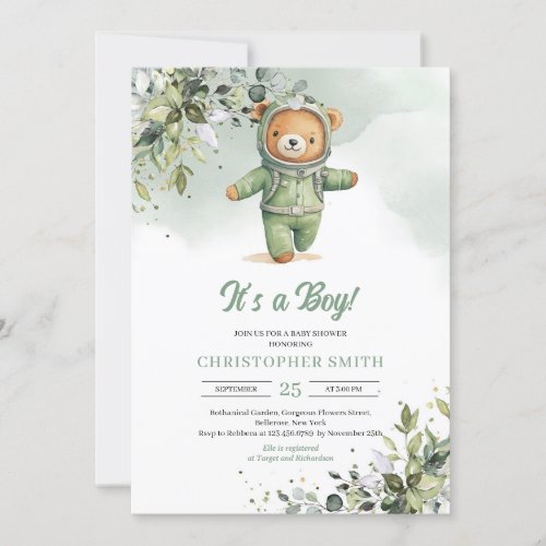 Boho greenery teddy bear astronaut gender neutral invitation