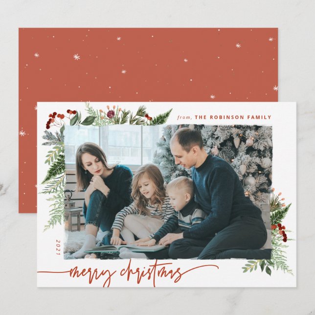 Boho Greenery Terracotta Rust Christmas Photo Holiday Card (Front/Back)