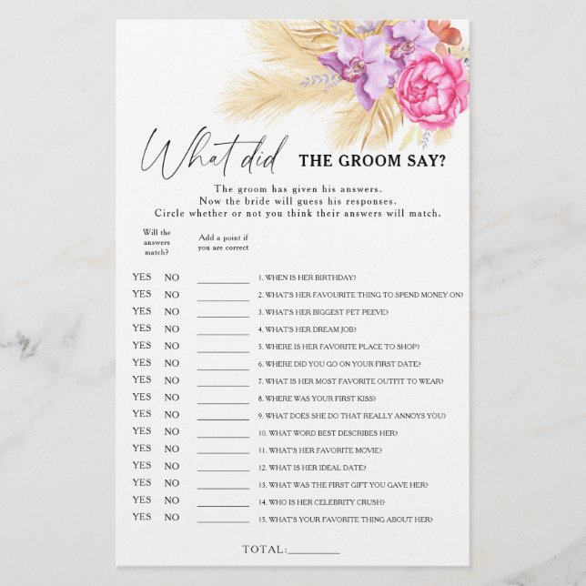 Boho greenery - What did the groom say bridal game (Front)