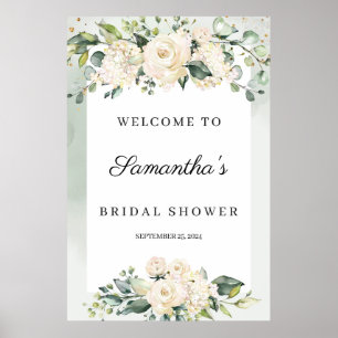 Boho greenery white roses bridal shower welcome poster