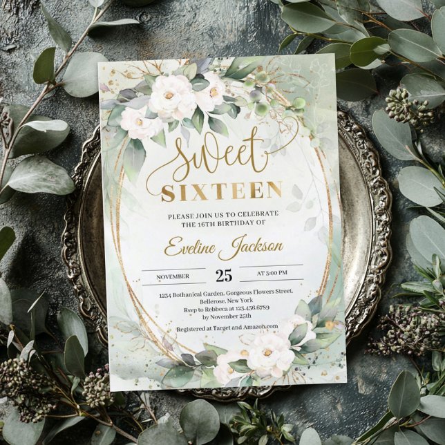 Boho Greenery white roses gold foil oval sweet 16 Invitation (Greenery white roses gold foil oval sweet 16 invit invitation)