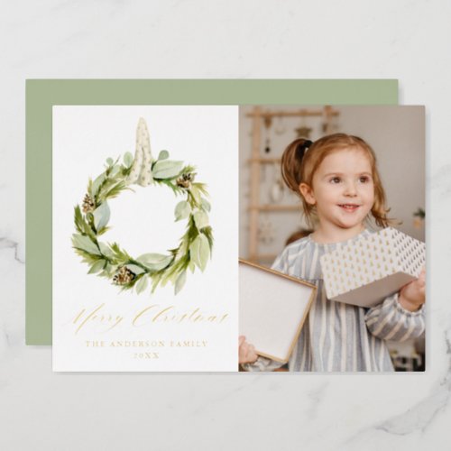 Boho Greenery Wreath Photo Foil Holiday Card