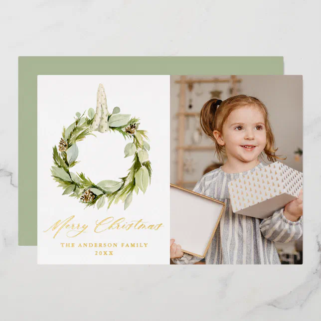 Boho Greenery Wreath Photo Foil Holiday Card Zazzle