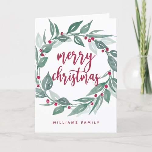 Boho Greenery Wreath Red Berries Merry Christmas Holiday Card