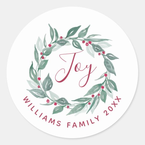 Boho Greenery Wreath Red Berries Name Holiday Classic Round Sticker