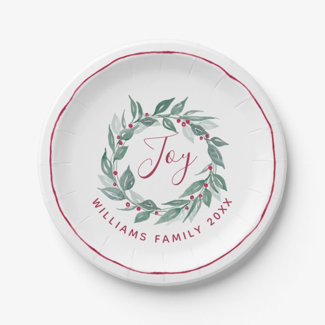 Boho Greenery Wreath Red Berries Name Holiday Paper Plates (Front)