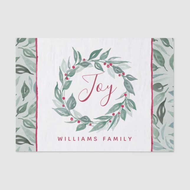 Boho Greenery Wreath Red Berries Name Holiday Tissue Paper (Front)