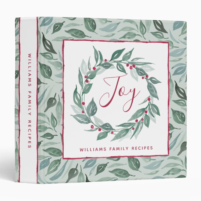 Boho Greenery Wreath Red Joy Script Family Name 3 Ring Binder (Front/Spine)