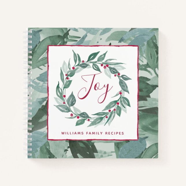Boho Greenery Wreath Red Joy Script Family Name Notebook (Front)