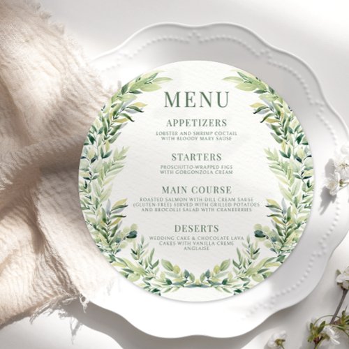 Boho greenery wreath round wedding Menu Card Plate