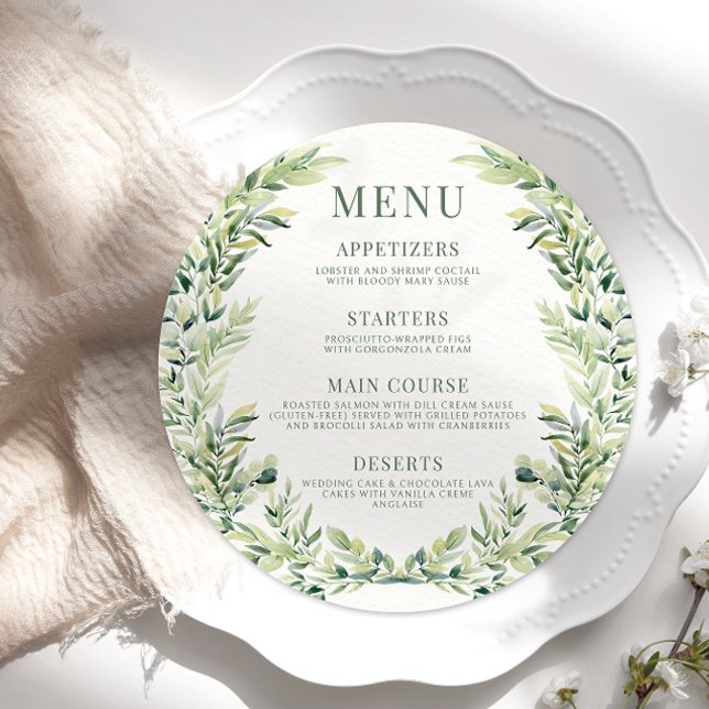 Boho greenery wreath round wedding Menu Card Plate (Creator Uploaded)