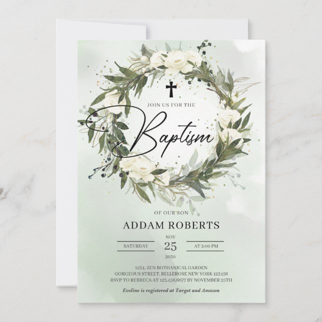 Boho greenery wreath white roses olive Baptism Invitation (Front)