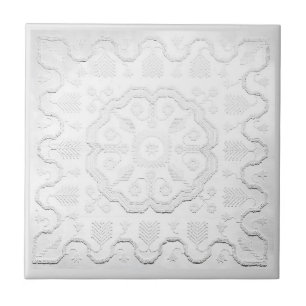 Boho Grey and White Faux Relief Flower Pattern Ceramic Tile