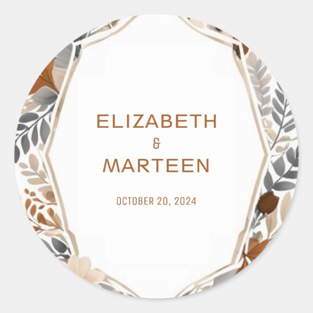 Boho Grey Brown Floral Autumn Wedding Sticker (Front)