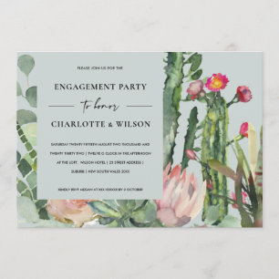 BOHO GREY PINK FLORAL CACTUS FOLIAGE ENGAGEMENT INVITATION