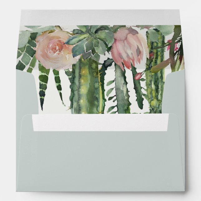 BOHO GREY PINK FLORAL DESERT CACTI FOLIAGE ADDRESS ENVELOPE (Back (Bottom))