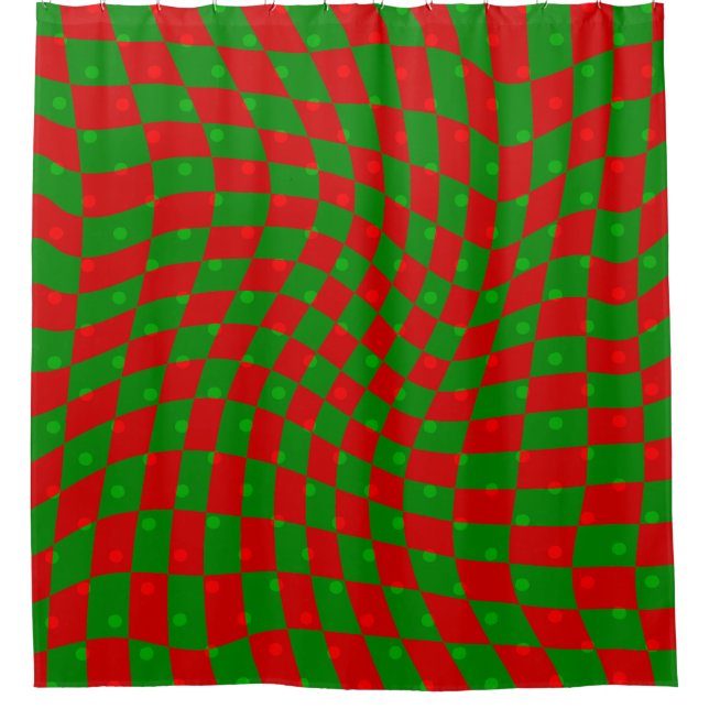 boho groovy christmas checkerboard swirly 1960s shower curtain (Front)