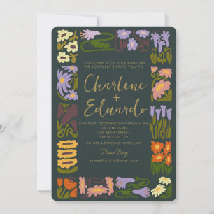 Boho Groovy Colorful Flower Retro Wedding Invitation