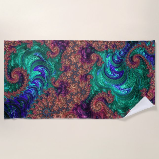 Boho Groovy Colorful Jewel Tone Abstract Fractal Beach Towel (Front)