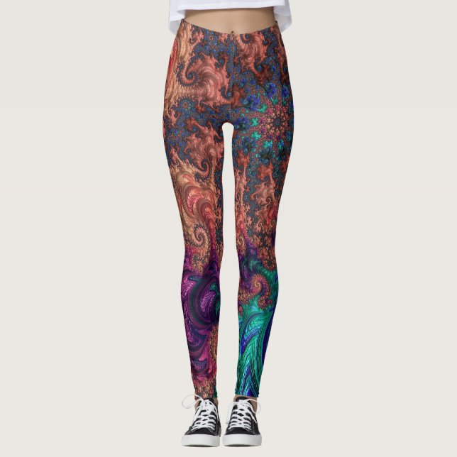 Boho Groovy Colorful Jewel Tone Abstract Fractal Leggings (Front)