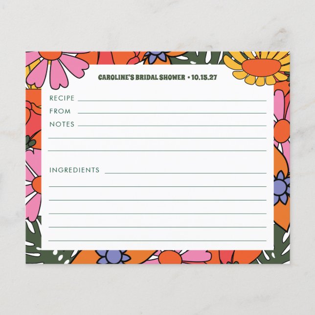 Boho Groovy Floral Shower Personalized Recipe Card (Front)