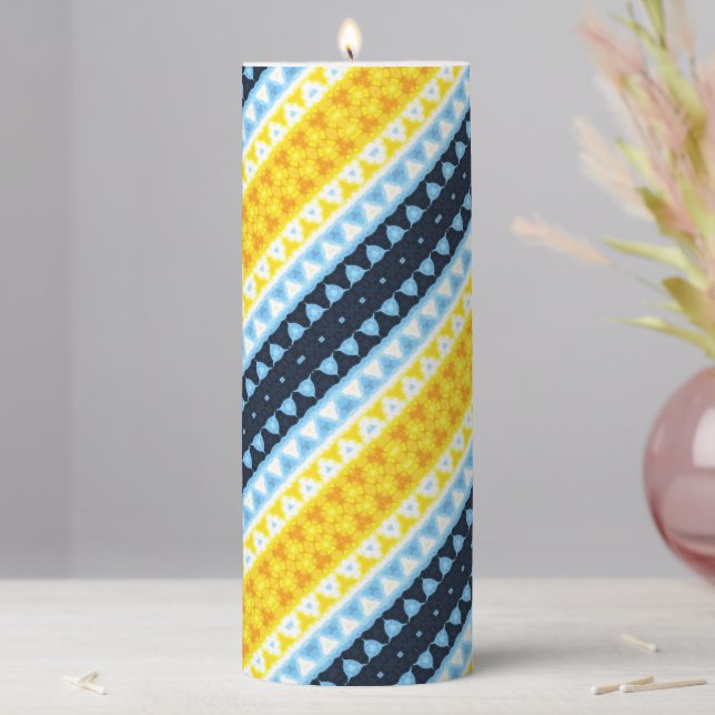 Boho Groovy Geometric Abstract AroAce Pride Flag Pillar Candle (In Situ)