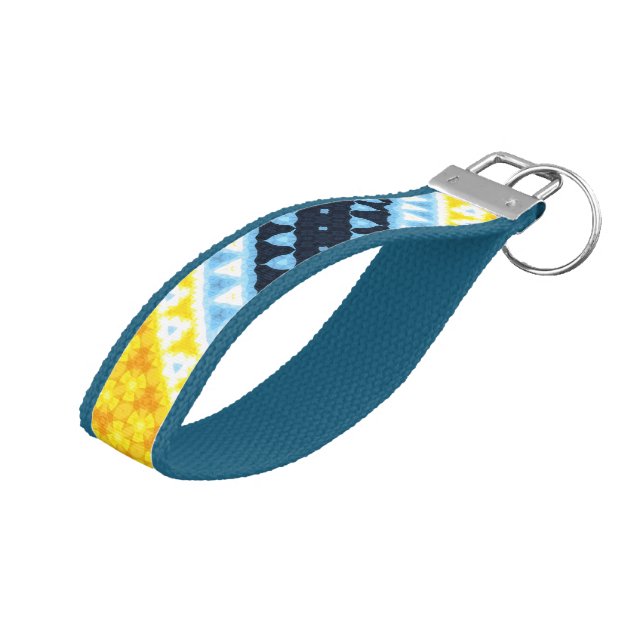 Boho Groovy Geometric Abstract AroAce Pride Flag Wrist Keychain (Angled Up)