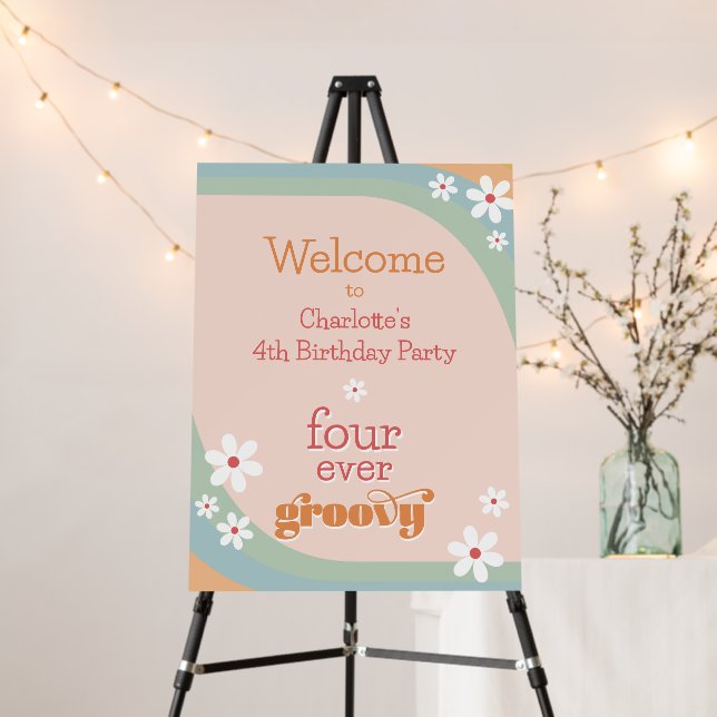 Boho Groovy Girl's 4th Birthday Welcome Foam Board (In Situ (Stand))