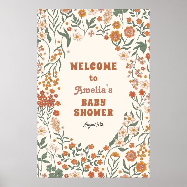  Boho Groovy Meadow Wildflower Baby Shower Welcome Poster (Front)