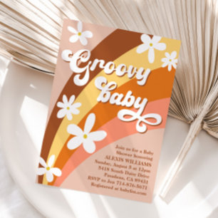 Boho Groovy Retro Daisies Rainbow Baby Shower Invitation