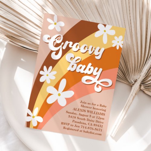 Boho Groovy Retro Daisies Rainbow Baby Shower Invitation