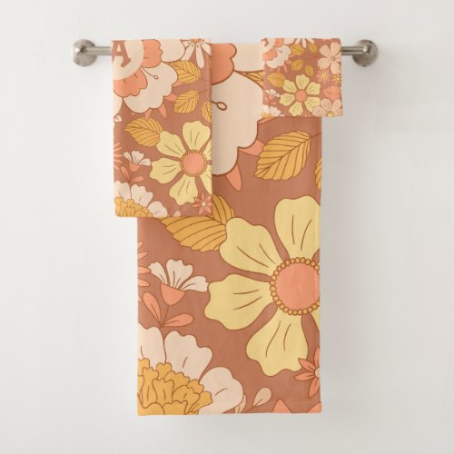 Boho Groovy Retro Floral Pattern Bath Towel Set