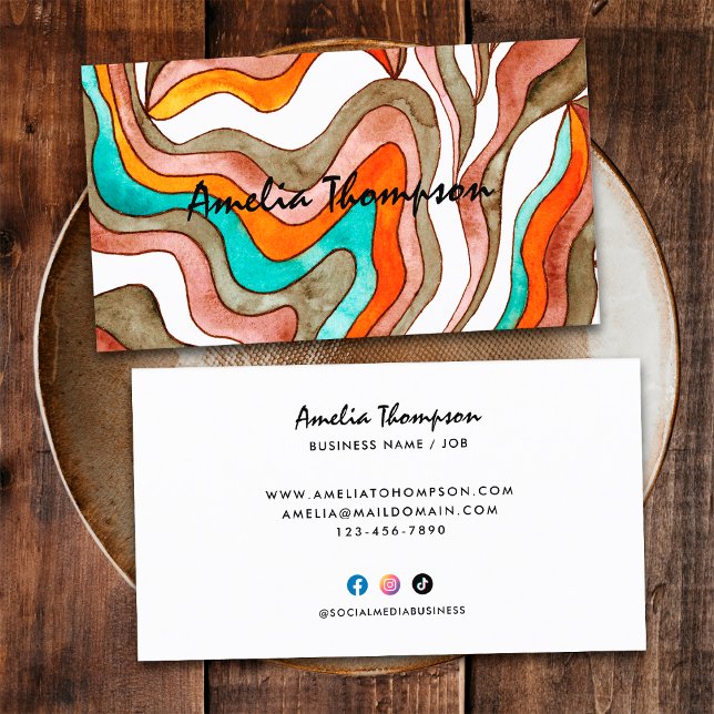 Boho Groovy Retro Orange Abstract Wavy Lines 70s Business Card (Front and Back)