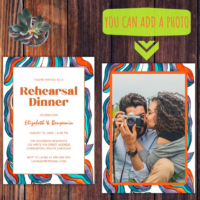 Boho Groovy Retro Photo Wedding Rehearsal Dinner Invitation (Front and Back)