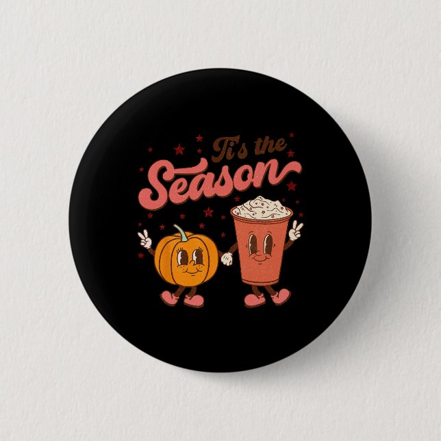 Boho Groovy Tis The Season Cute Pumpkin Spice Fall Button (Front)
