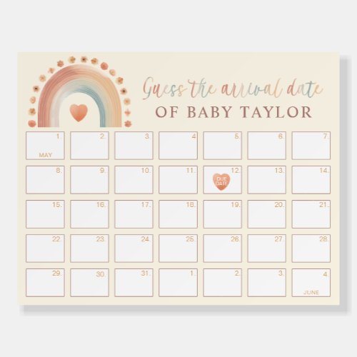 Boho Guess The Due Date Baby Shower Calendar Game Foam Board