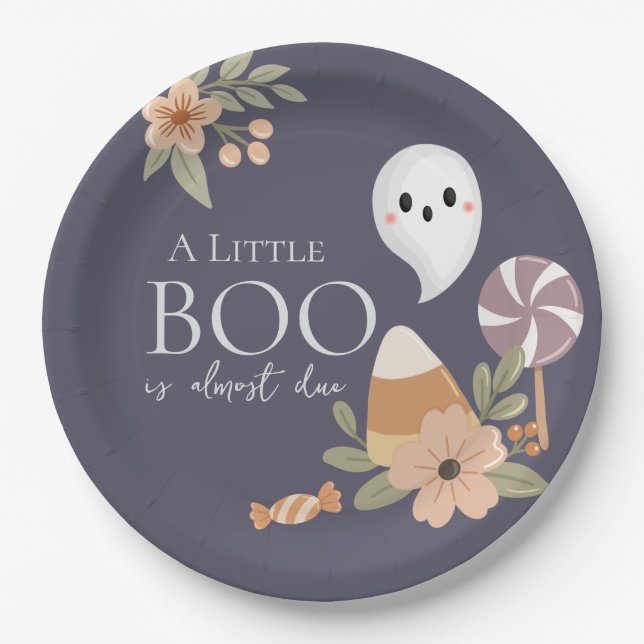 Boho Halloween Baby Shower Little Boo – Cute Ghost Paper Plates (Front)