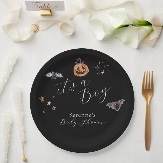 Boho Halloween It's a Boy Baby Shower Paper Plates (Wedding)