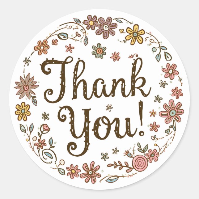 Boho Hand-Drawn Flower Thank You Classic Round Sticker (Front)